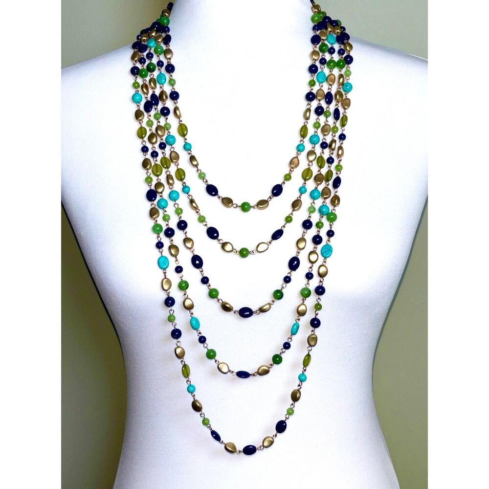 Vintage Multistrand Beaded Statement Necklace - Blue Green Gold
